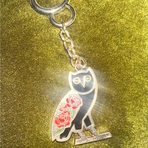 OVO Black and Gold Owl Keychain with Red Roses
